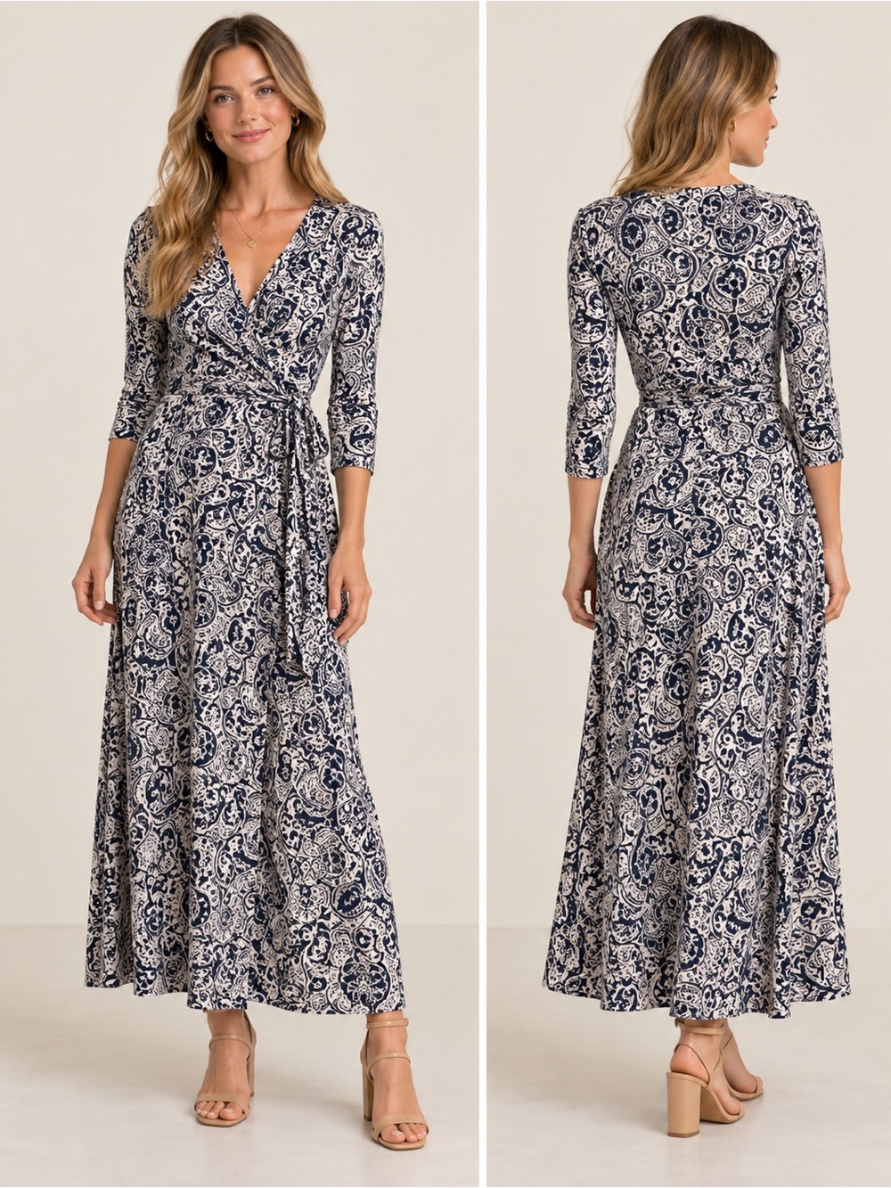 Boden Navy and White Paisley Wrap Maxi Dress